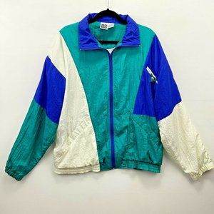 Vintage Retro 1990s Full Zip Nylon Green Blue Windbreaker Track Jacket Size XL
